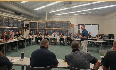 Instructor addressing law enforcement personnel seated in a training room